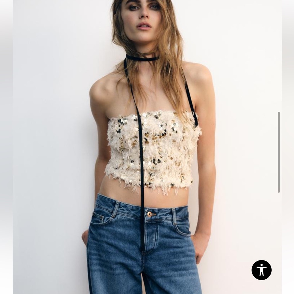 Zara Frayed Sequin Top Size Large NWT